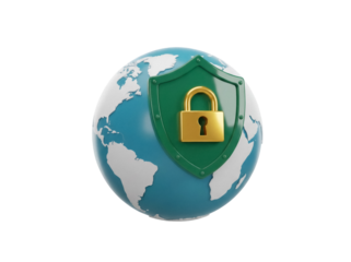 World globe with green shield and golden padlock isolated PNG, global security and data protection concept for website and graphic design
