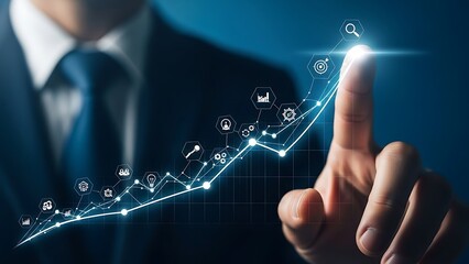Man's Hand Accelerating Financial Growth Chart with Digital Icons Representing Business Success