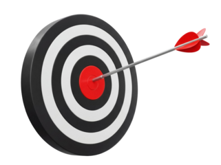 Bullseye target with arrow isolated PNG, black and white concentric circles with red center, achieving goals and success in business