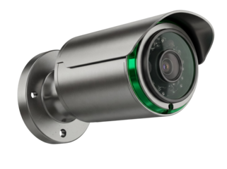 Silver bullet security camera PNG isolated on transparent background, surveillance system for home security and crime prevention