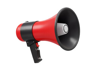 Red and black megaphone isolated PNG, bullhorn loudspeaker for announcements and public address systems on transparent background