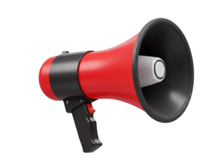 Red and black megaphone isolated PNG, bullhorn loudspeaker for announcements and public address systems on transparent background