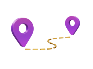 Purple location pin markers with dotted path isolated PNG, route planning and navigation concept on transparent background