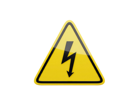 High voltage sign PNG isolated on transparent background, yellow triangle warning symbol for electricity hazard and safety