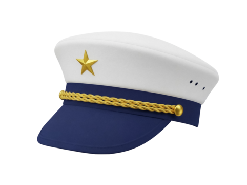 Navy captain hat PNG isolated on transparent background, blue and white peaked cap with gold star and rope detail for nautical themes