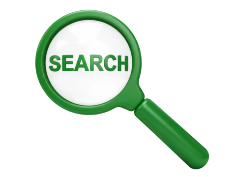 Green magnifying glass with the word search isolated PNG, concept for finding information and data analysis on transparent background
