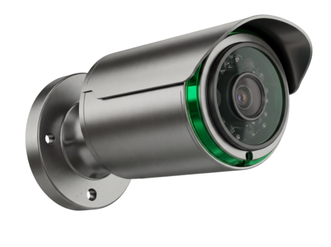 Silver bullet security camera PNG isolated on transparent background, surveillance system for home security and crime prevention