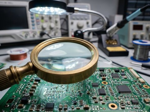 Magnifying glass inspecting electronic circuit board with tools - Powered by Adobe