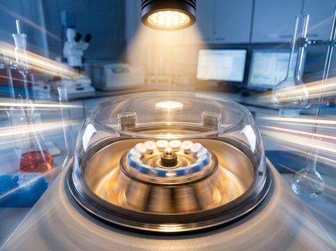 Centrifuge equipment spinning samples in a bright laboratory setting