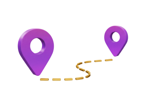 Purple location pin markers with dotted path isolated PNG, route planning and navigation concept on transparent background
