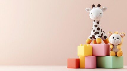 Playful Plush Friends Giraffe Bear and Colorful Building Blocks on Soft Pink Backdrop.