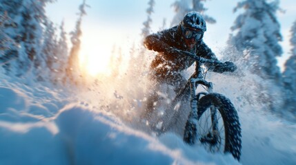 Fototapeta premium An exhilarating scene of a biker shredding through the snow-covered landscape, capturing the thrill of adventure in winter sports against a backdrop of a setting sun.