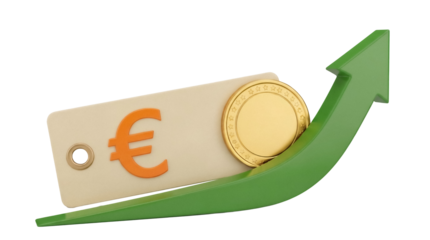 Euro coin and sign with green arrow isolated PNG, financial growth concept on transparent background, currency symbol for business and investment