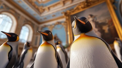 Regal Penguins A Formal Gathering in Ornate Hall Looking Upward.