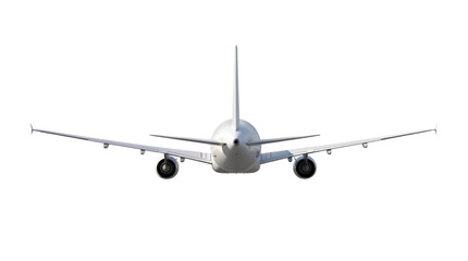 Commercial airplane PNG isolated on transparent background, passenger jet aircraft tail view for travel and transportation themes