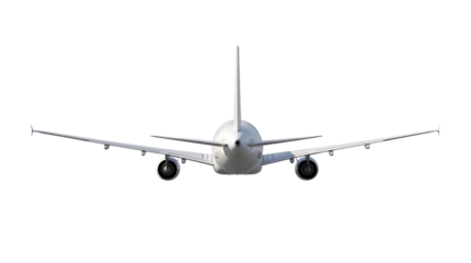 Commercial airplane PNG isolated on transparent background, passenger jet aircraft tail view for travel and transportation themes