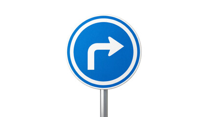 Blue and white turn right sign PNG isolated on transparent background, mandatory direction road sign for traffic and safety © Irina
