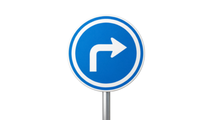 Blue and white turn right sign PNG isolated on transparent background, mandatory direction road sign for traffic and safety