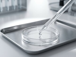 Pipette adding liquid droplet to petri dish in laboratory