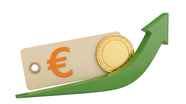 Euro coin and sign with green arrow isolated PNG, financial growth concept on transparent background, currency symbol for business and investment