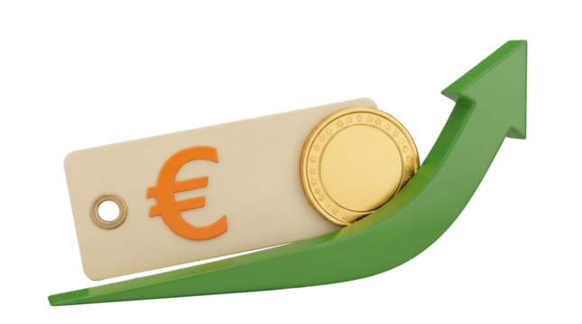 Euro coin and sign with green arrow isolated PNG, financial growth concept on transparent background, currency symbol for business and investment