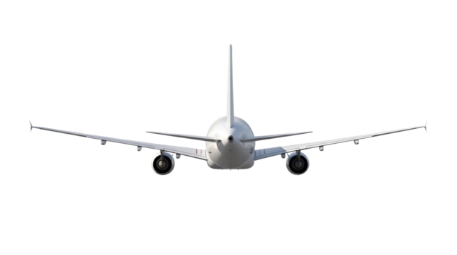 Commercial airplane PNG isolated on transparent background, passenger jet aircraft tail view for travel and transportation themes