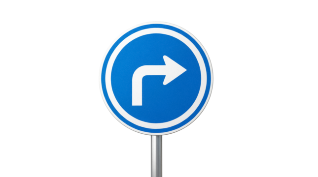 Blue and white turn right sign PNG isolated on transparent background, mandatory direction road sign for traffic and safety - Powered by Adobe