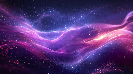 Surreal glowing purple waves with sparkling particles in cosmic space scene, creating dreamy and magical atmosphere with vibrant light effects and flowing shapes