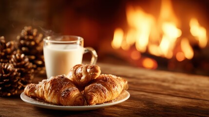 A plate of flaky croissants next to a cup of milk, nestled by a warm fireplace, creating a cozy, inviting atmosphere perfect for winter relaxation moments.