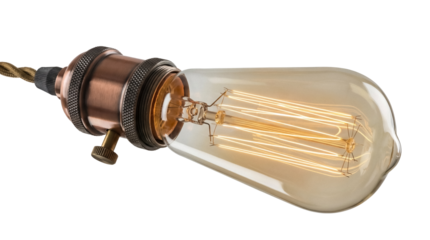 Vintage Edison light bulb PNG isolated on transparent background, antique style filament lamp for retro design and decoration