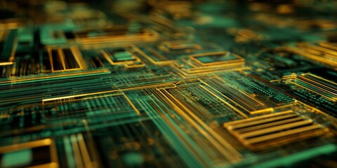 Illuminated digital circuitry glows with intricate golden and teal pathways in a close up.