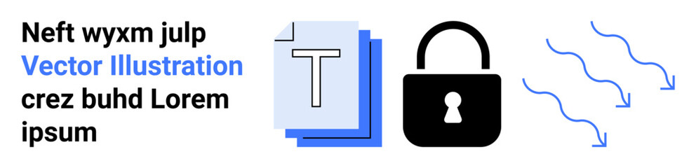 Digital content safety, data privacy, online file security, encryption, information flow, cybersecurity. Lock icon, text document and arrows. Data security and online file protection theme