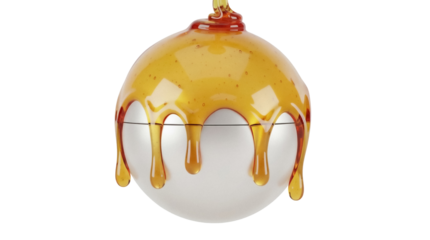 Delicious honey dripping on a sphere isolated PNG, sweet golden syrup flowing down on a ball on transparent background