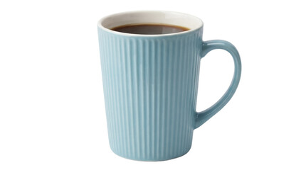 Light blue ceramic mug with coffee isolated PNG, ribbed texture drinkware on transparent background for beverage presentation
