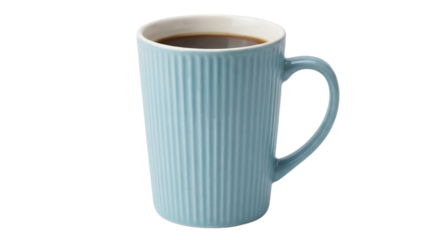 Light blue ceramic mug with coffee isolated PNG, ribbed texture drinkware on transparent background for beverage presentation