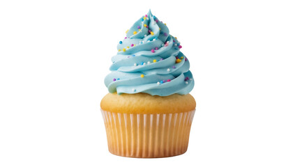 Delicious cupcake with blue frosting and colorful sprinkles isolated PNG, sweet treat for birthdays and celebrations on transparent background
