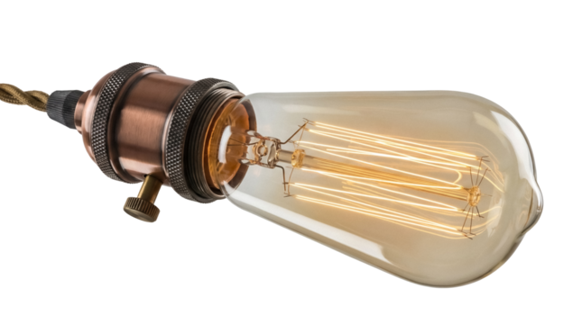 Vintage Edison light bulb PNG isolated on transparent background, antique style filament lamp for retro design and decoration