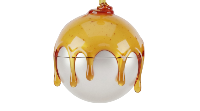 Delicious honey dripping on a sphere isolated PNG, sweet golden syrup flowing down on a ball on transparent background - Powered by Adobe