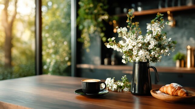 A warm and inviting cafe scene featuring a cup of coffee next to a vase of fresh flowers, epitomizing coziness and the joy of enjoying small moments in life.