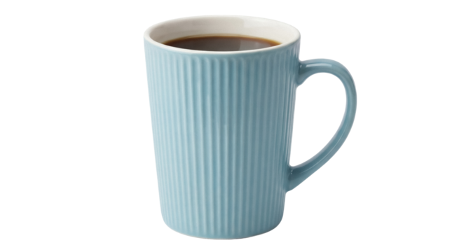 Light blue ceramic mug with coffee isolated PNG, ribbed texture drinkware on transparent background for beverage presentation