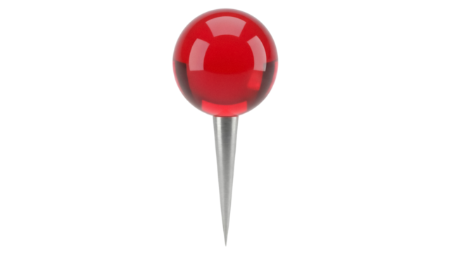 Red push pin PNG isolated on transparent background, realistic thumbtack for maps and bulletin boards, office supply