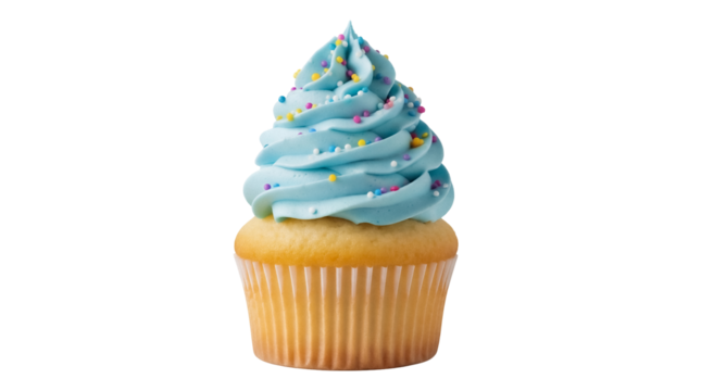 Delicious cupcake with blue frosting and colorful sprinkles isolated PNG, sweet treat for birthdays and celebrations on transparent background