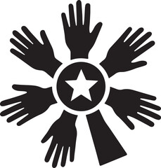 Silhouette of six raised hands forming a circle around a central star symbol, representing unity, teamwork, community, diversity, and support, isolated on icon on