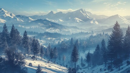 Snowy mountain landscape with frosty pine trees in the foreground and distant blue peaks under a clear winter sky, creating a peaceful nature scene.	