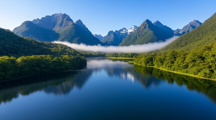 Serene Lake Mirroring Majestic Mountains and Forest New Zealand Landscape.