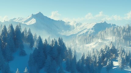 Snowy mountain landscape with frosty pine trees in the foreground and distant blue peaks under a clear winter sky, creating a peaceful nature scene.	