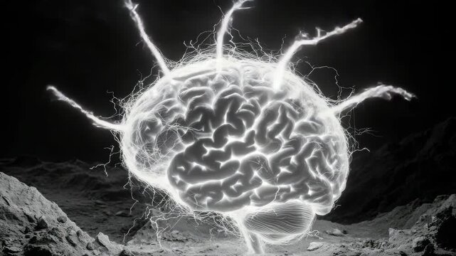 A brain with lightning bolts coming out of it. The brain is white and the lightning bolts are yellow