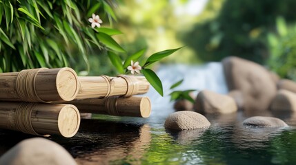 Serene Bamboo Bridge over Tranquil Water with Waterfall Backdrop.