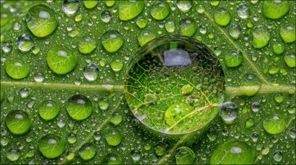 Close Up Shot Of Green Leaf With Water Droplets Transparent Reflection Abstract Detail