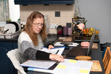 A focused woman sits at a kitchen desk, she works from home, studying notes from a planner beside a laptop. Holiday lights, a fruit basket, create cozy, productive home office scene